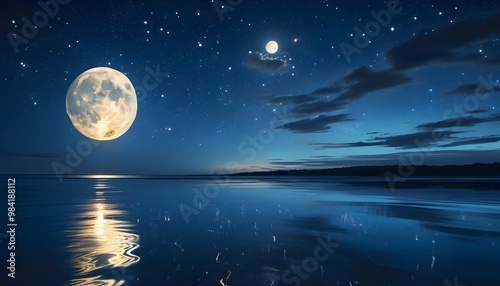 Moonlit night sky with stars reflecting over tranquil sea waters