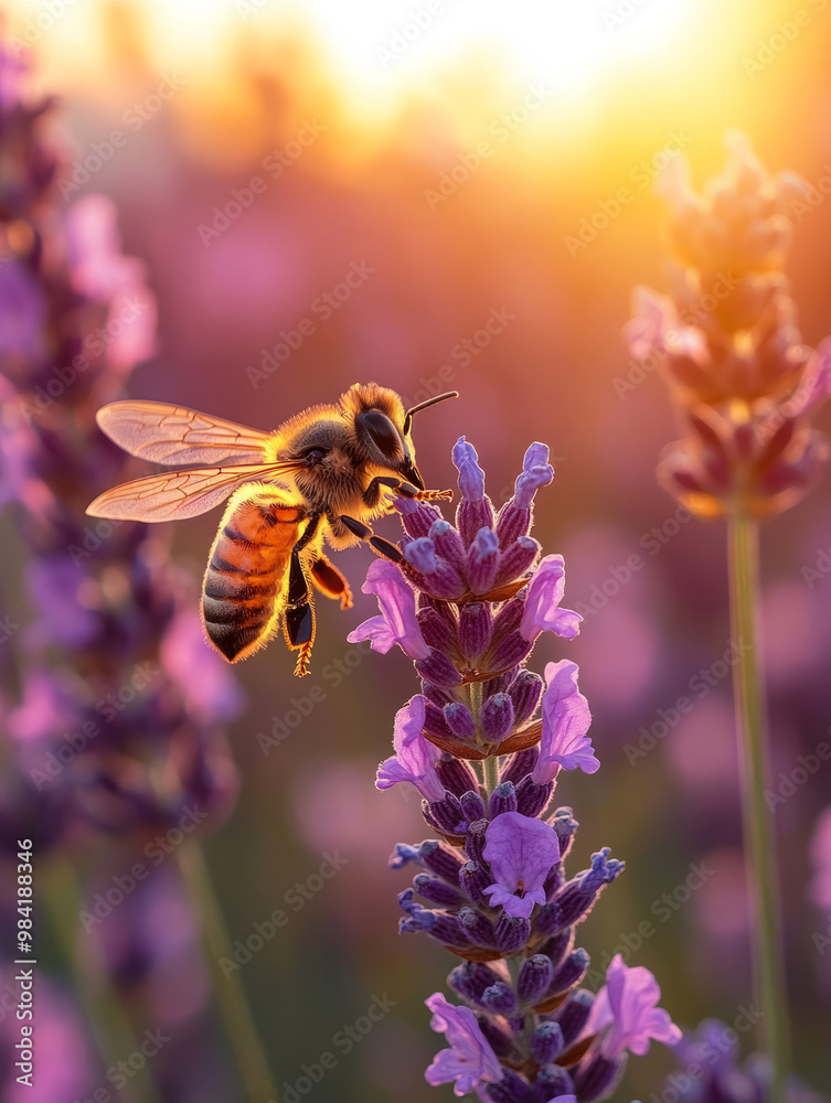 Fototapeta premium Bee on lavender flower during sunset