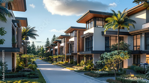 A masterplanned coastal community with modern residential condo with subtle design and sleek lines with street retail and landscaping. Generative AI. photo