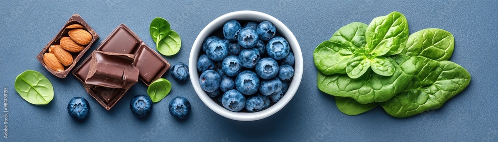 A colorful bowl of spinach, blueberries, and dark chocolate shavings, emphasizing antioxidants for long-term brain health antioxidant superfoods, brain protection