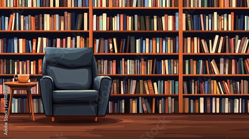 A plush armchair sits in front of a wall of bookshelves filled with books.