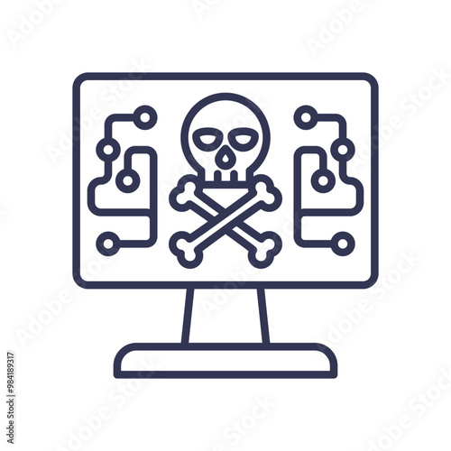 A computer monitor displaying a skull and crossbones symbol, representing malware and cyber threats.