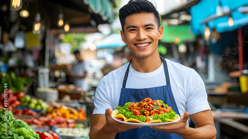 Young Mexican man vendor serves tacos at a lively street market, representing the vibrancy of Mexican food culture. Copy space.