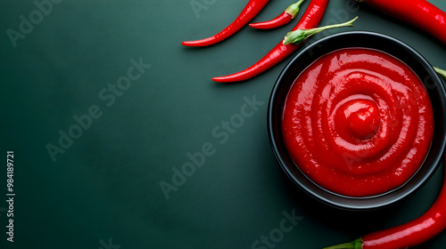 Bowl with fresh chili sauce ketchup and fresh chili peppers on a dark green background. Copy space. Top view. photo