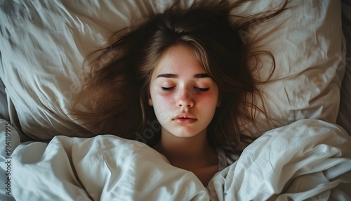 Young woman experiencing dizziness and weakness while lying on a bed in a moment of absent-mindedness photo