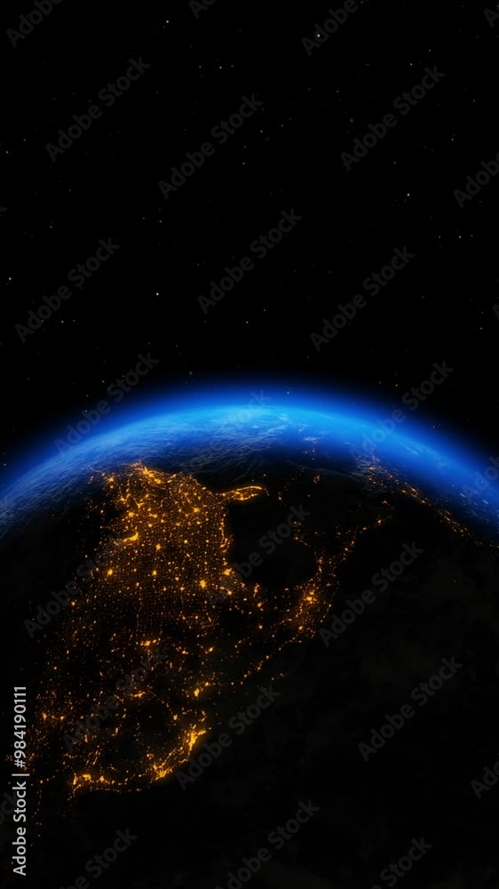 Vibrant view of Earth from space at sunrise, highlighting glowing city ...