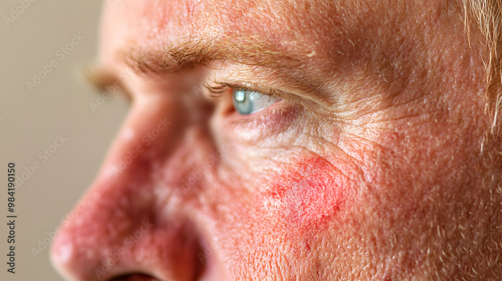 Fototapeta premium Close up face of elderly man with wrinkled and problem skin. Dermatology concept