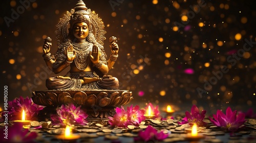 Sri Lakshmi - Goddess of Wealth, Happiness and Prosperity. Beautiful Background of Hindu Festival Diwali