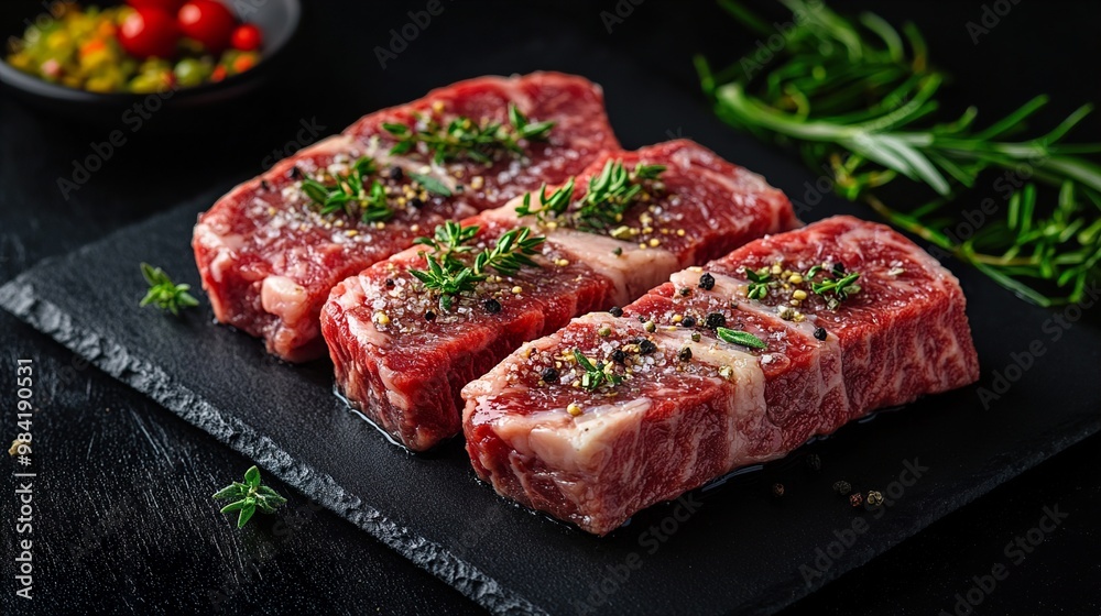 Raw Beef Steaks with Herbs and Spices - Ready for Grilling Raw Beef Steaks with Herbs and Spices - Ready for Grilling