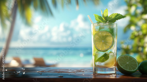 Refreshing mojito with lime slices and mint leaves, perfect for summer vibes
