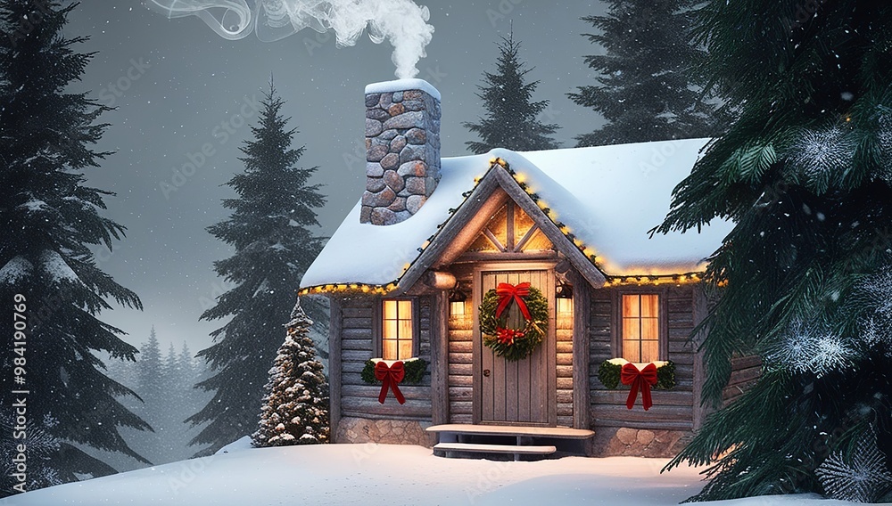 Snowy Cabin with smoke curling from the chimney and festive lights glowing warmly. Made with generative AI technology