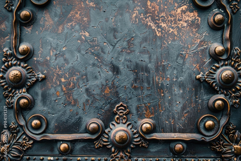 Naklejka premium Iron Frame. Vintage Metal Art with Aged Buttons and Ancient Border
