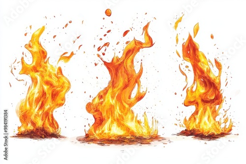 Vivid flames in various sizes and shapes, captured mid-motion