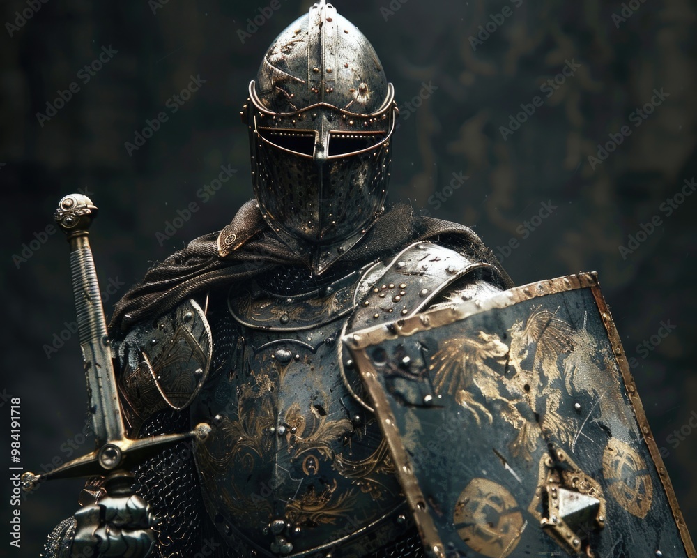 Knight With Shield. Medieval Warrior in Armor Holding Sword and Shield Knight With Shield. Medieval Warrior in Armor Holding Sword and Shield