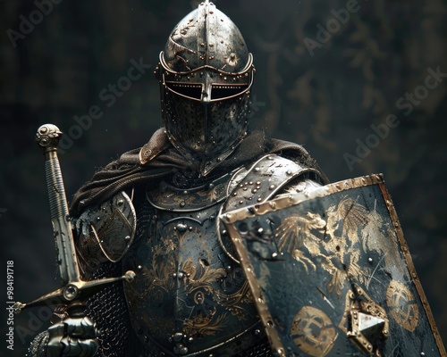 Knight With Shield. Medieval Warrior in Armor Holding Sword and Shield