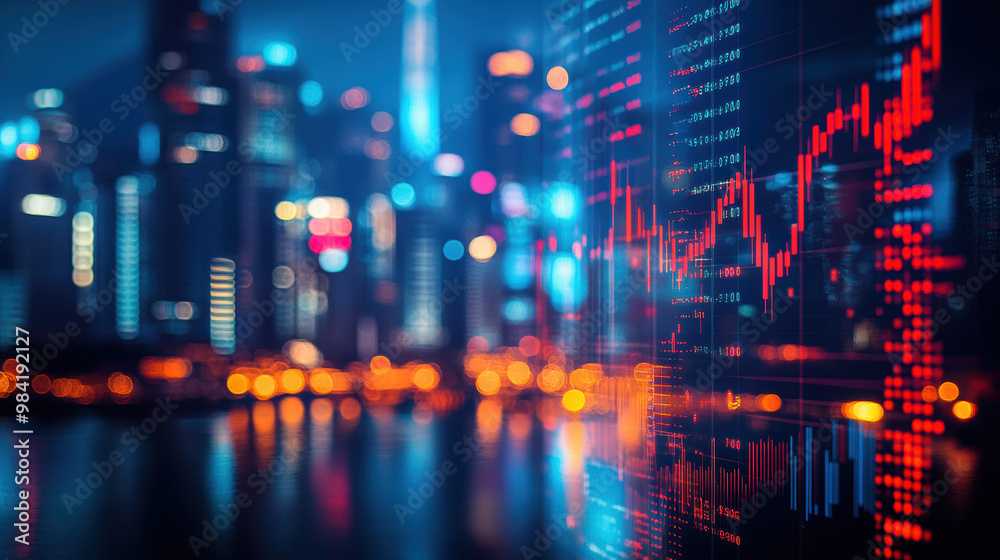 High resolution photography of stock market trends with vibrant city lights High resolution photography of stock market trends with vibrant city lights