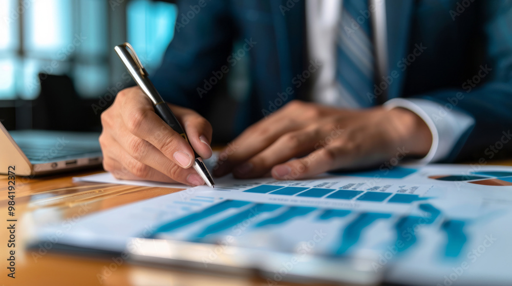 A businessman holding a pen and writing on a financial data sheet with a laptop at an office desk.