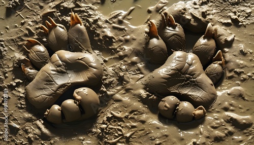 Fresh bear paw print imprinted in wet mud, capturing the essence of wildlife and natures untamed beauty photo