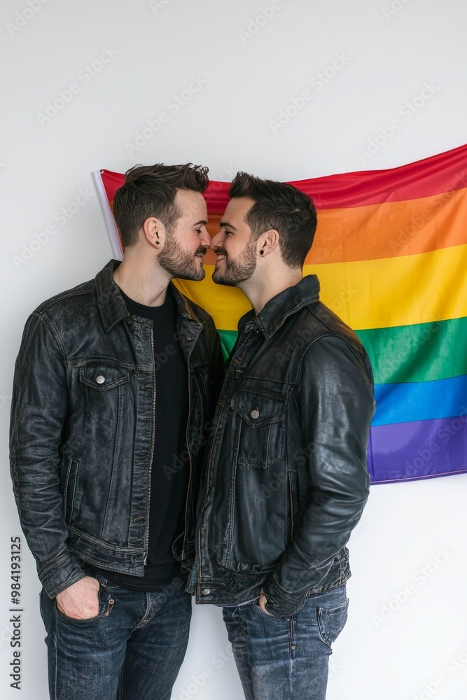 Obraz premium Gay couple standing in front of an LGBTQ+ pride flag in a studio