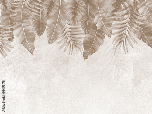Photo wallpapers for the interior. Mural for the walls. Tropical leaves. The decor is in the grunge style.