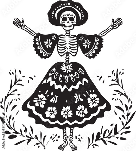 Dia De Los Muertos or Day of the Dead skeleton Figurine clean simple vector silhouette outline black