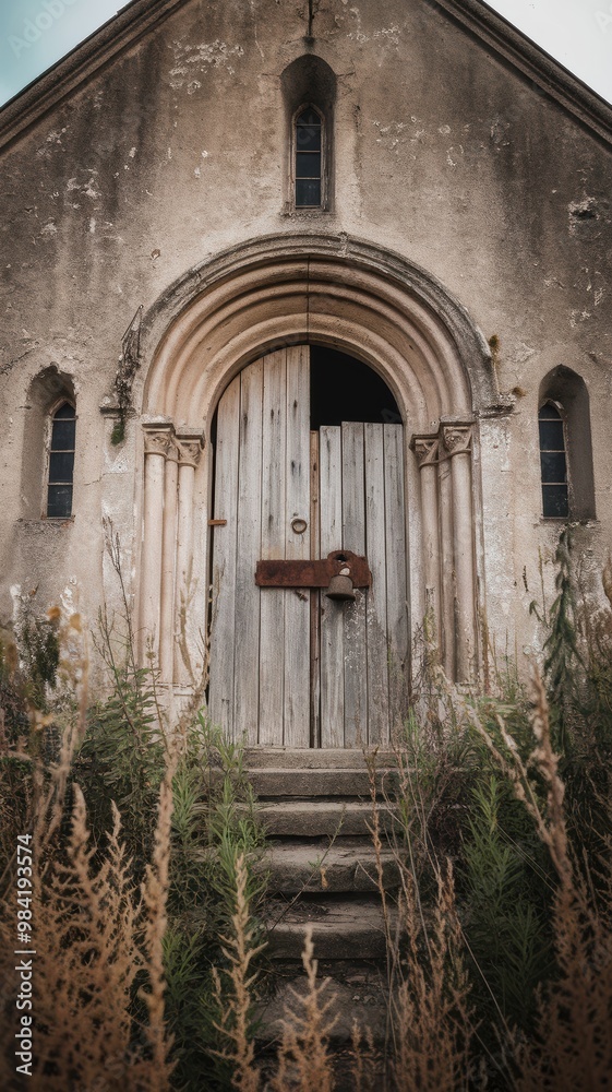 Fototapeta premium Old Church Entrance with Weathered Door and Overgrown Grass