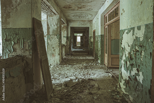 Obraz na płótnie Belarus. Abandoned School In Chernobyl Zone. Chornobyl Catastrophe Disasters. Dilapidated House In Belarusian Village. Whole Villages Must Be Disposed. Chernobyl Resettlement Zone w salonie