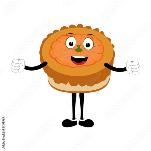 Cute mascot pumpkin pie, Halloween Pumpkin Pie Characters. Cartoon Sweets Cup Pudding Latte Walking and Smiling. Vector Autumn Holiday Mascot Template. Illustration Cool kawaii happy doodle Isolated