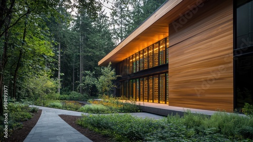 A wood-paneled exterior of a high-tech data center, designed to blend into a forest setting while ensuring optimal function