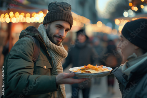 Heartwarming scene of a man sharing a plate of food with a woman at a vibrant outdoor winter market.