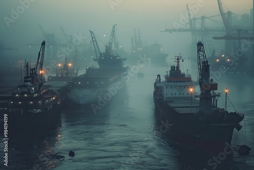 A foggy night with a large number of ships docked at a harbor