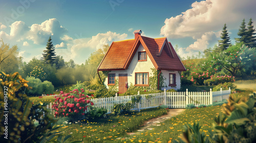 Charming cottage surrounded by colorful flowers and lush greenery in a tranquil countryside setting during a sunny afternoon