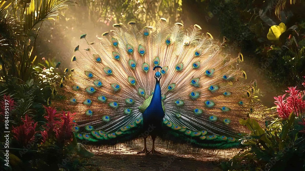 Obraz premium A vibrant peacock displays its colorful feathers in a lush, natural setting.