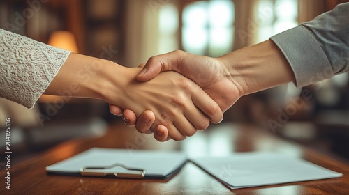 women holding hands, contracting an agreement between companies and document files lying on the table