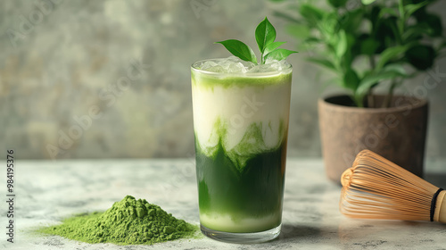 A tall glass of cold iced matcha latte with layers and ice, surrounded by matcha powder