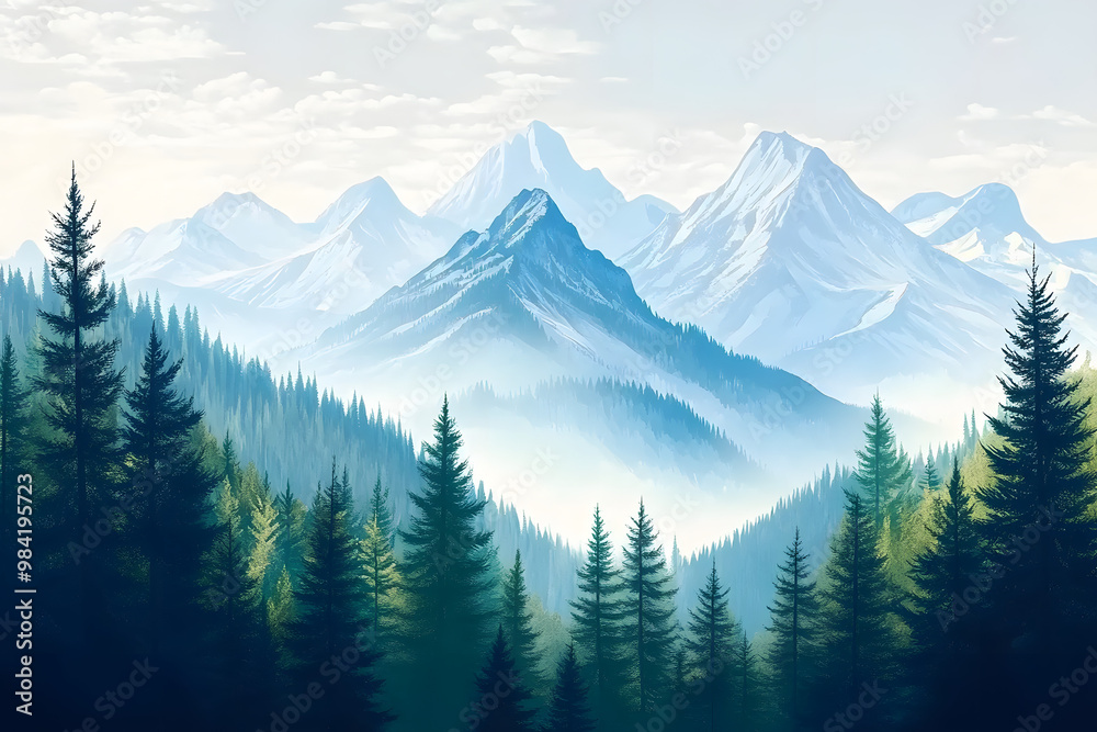 Fototapeta premium Hand drawn mountains and forests. Modern illustration design.