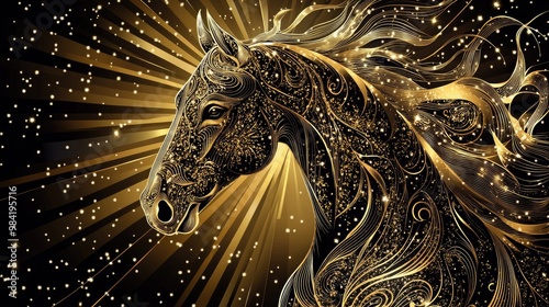 Elegant golden horse vector art with intricate details, set against a glittering diamond rays background, creating a luxurious and refined look