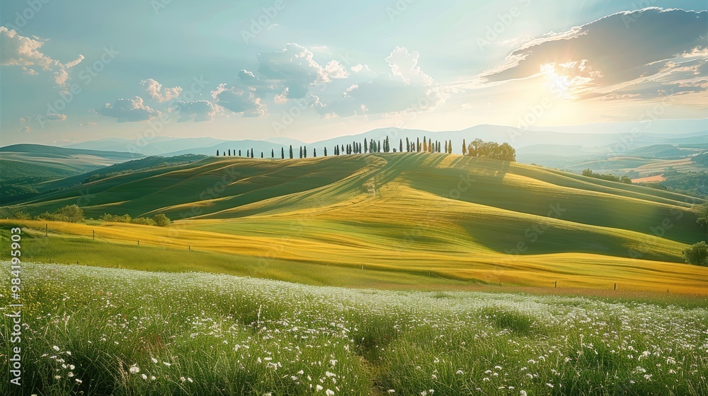 Fototapeta premium Summer landscape, hill, grassland. Generative AI.