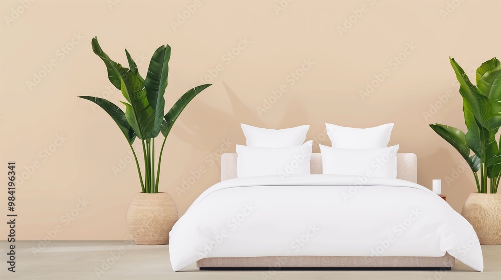 Modern Bedroom Interior with Elegant White Bedding and Potted Tropical Plants. Modern Bedroom Interior with Elegant White Bedding and Potted Tropical Plants.