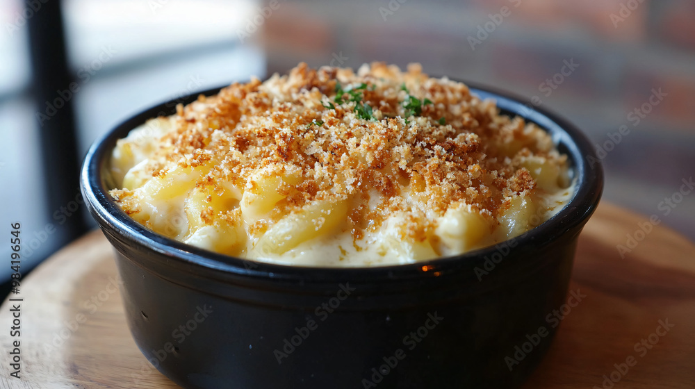 A visual of a creamy mac and cheese dish with a crispy breadcrumb topping. A visual of a creamy mac and cheese dish with a crispy breadcrumb topping.