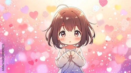 Cute wallpaper, A cute chibi character in a bright, pastel background. Add sparkles and hearts for a magical touch photo