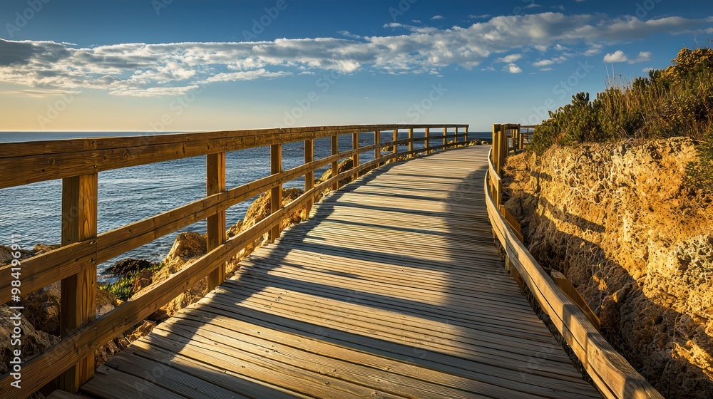 A wooden boardwalk along a coastal area, designed to withstand the harsh marine environment while providing a scenic walking path A wooden boardwalk along a coastal area, designed to withstand the harsh marine environment while providing a scenic walking path