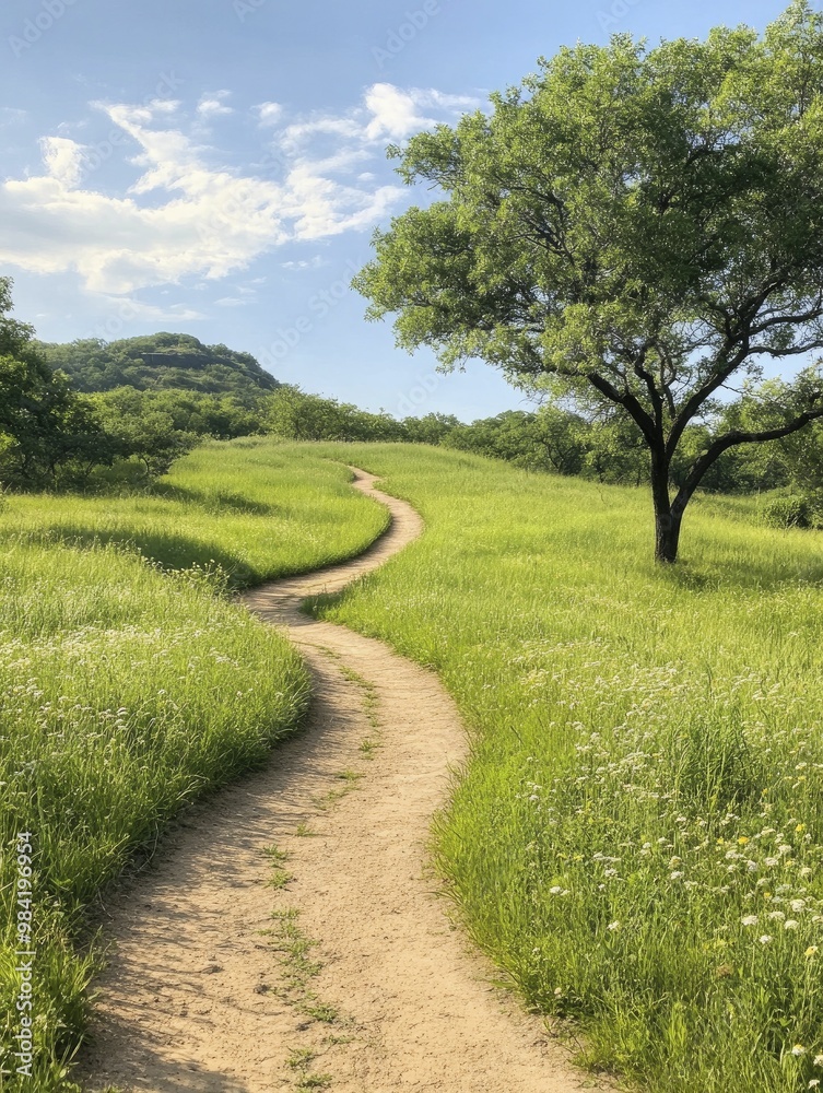 Scenic Dirt Path Meandering Through Lush Greenery Leading to a Majestic Tree Under a Bright Blue Sky, Emphasizing Natures Tranquility and Serenity Scenic Dirt Path Meandering Through Lush Greenery Leading to a Majestic Tree Under a Bright Blue Sky, Emphasizing Natures Tranquility and Serenity