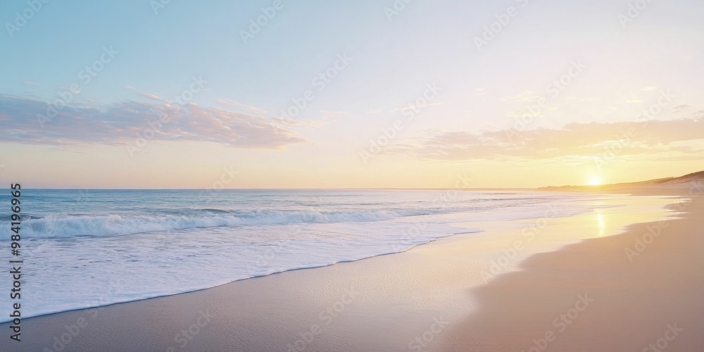 Fototapeta premium Serene Beach at Sunset: Gentle Waves Lapping at the Shore Under a Colorful Sky, Creating a Tranquil Seascape Perfect for Relaxation and Reflection