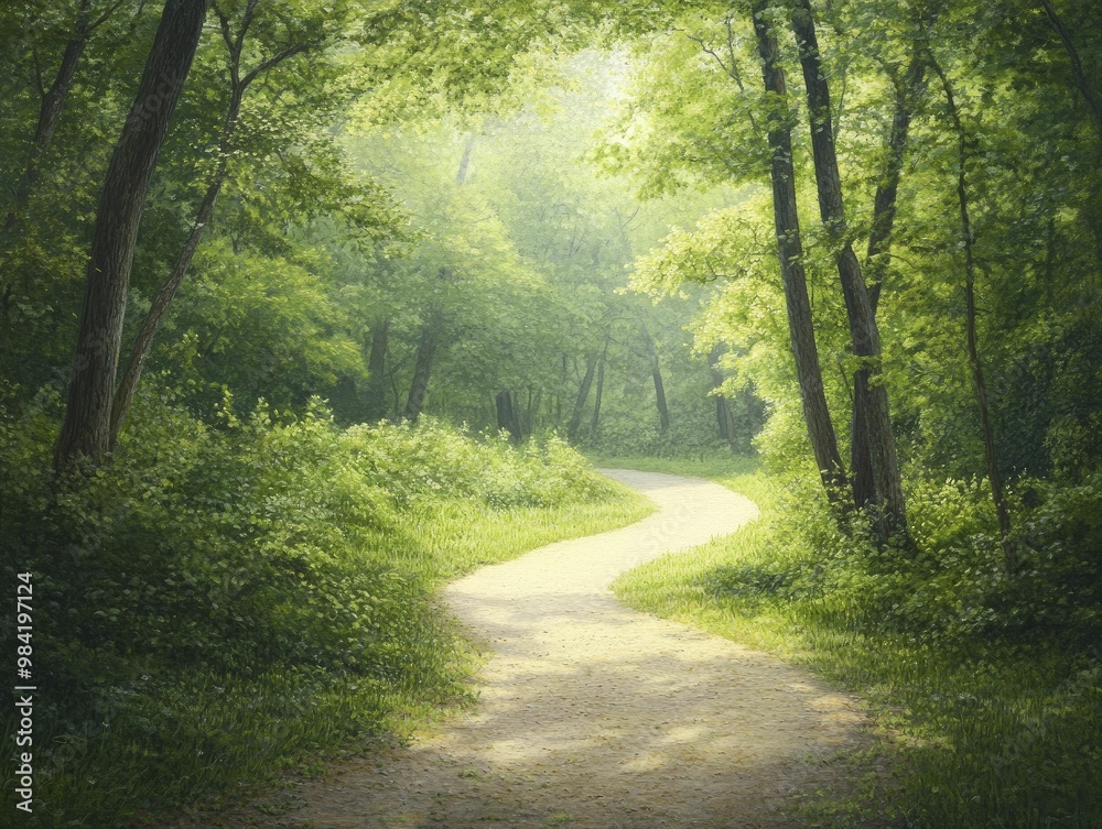 Obraz premium Serene Forest Pathway: A Tranquil Journey Through Lush Greenery and Towering Trees, Inviting Exploration and Connection with Natures Beauty