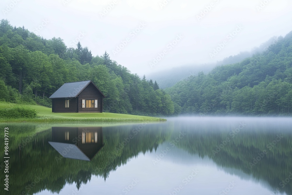 Fototapeta premium Serene Lake Cabin Retreat: A Tranquil Wooden Cabin Nestled in the Heart of a Calm Lake Surrounded by Lush Greenery and Reflective Waters