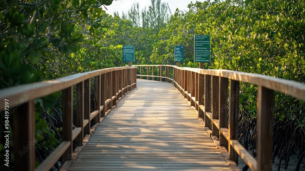 A wooden boardwalk leading through a mangrove forest, designed with minimal environmental impact and educational signage about the ecosystem A wooden boardwalk leading through a mangrove forest, designed with minimal environmental impact and educational signage about the ecosystem
