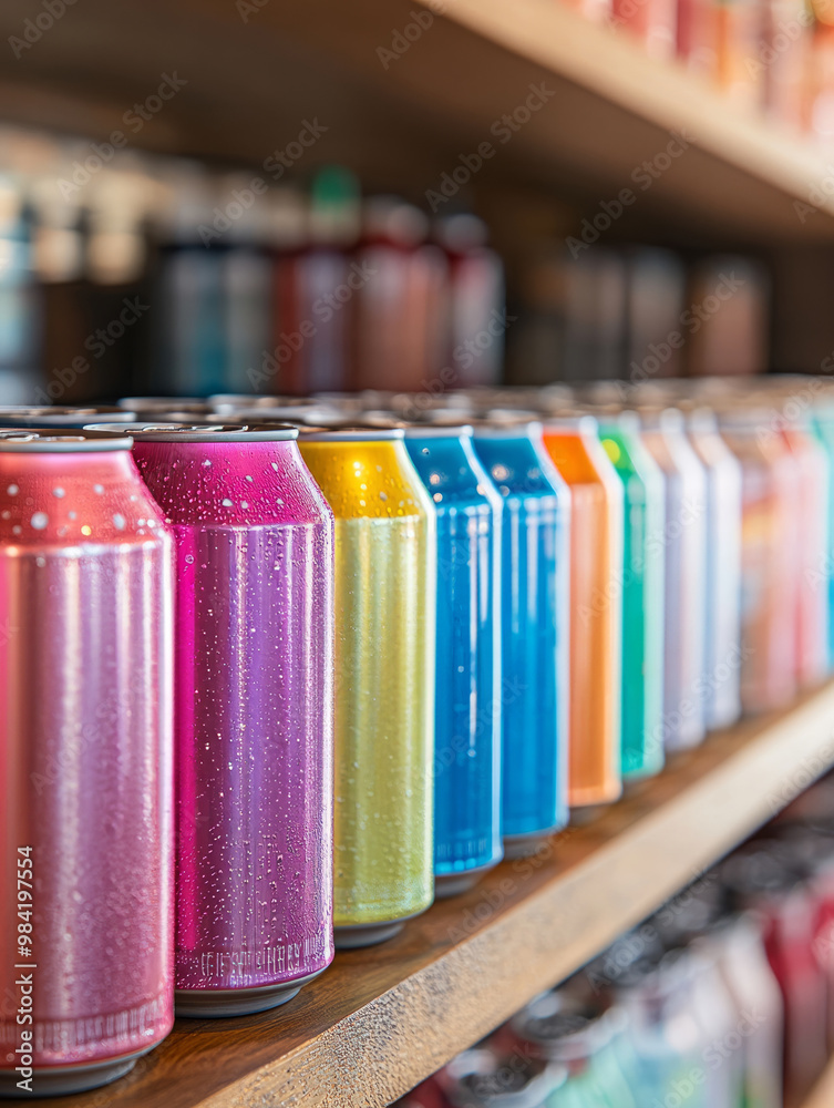 Colorful beverage cans lined up on a shelf in a store. Colorful beverage cans lined up on a shelf in a store.