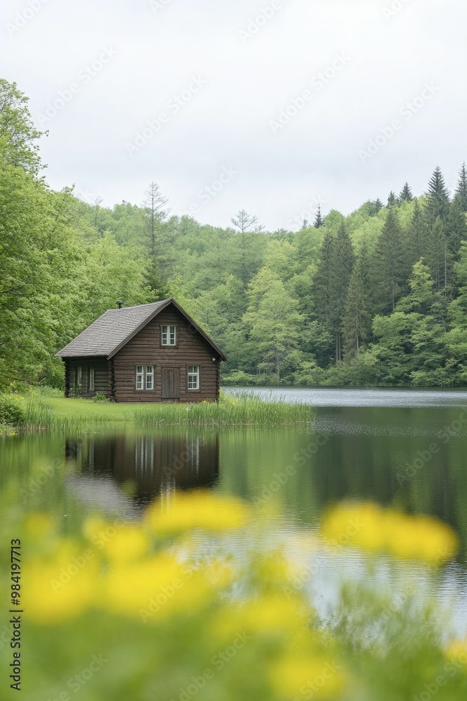 Serene Small Cabin Nestled by Tranquil Lake Surrounded by Lush Greenery, Evoking Peaceful Retreat in Natures Embrace