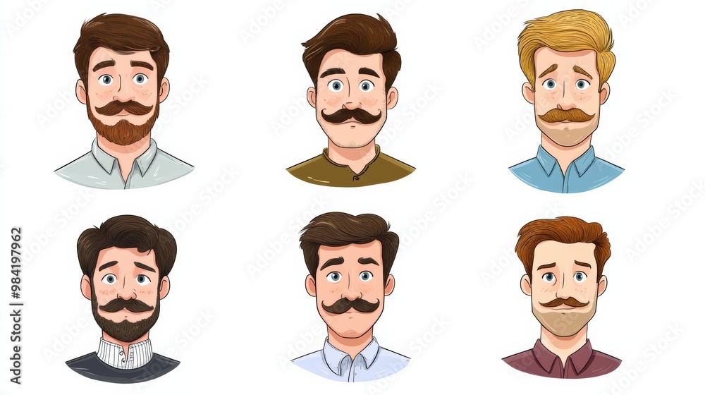 Iconic moustache styles drawn as cartoon characters, each with a different expression and personality, fun and imaginative Iconic moustache styles drawn as cartoon characters, each with a different expression and personality, fun and imaginative